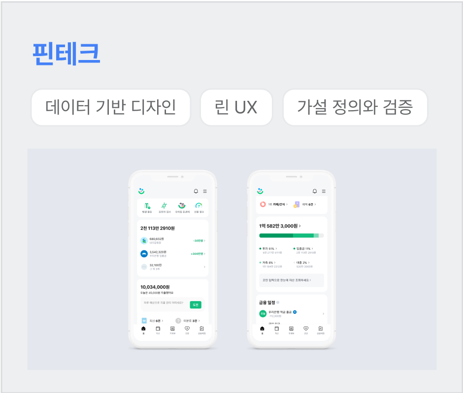 ImageSlide데이터를 이해하는 디자이너로서 가설 정의와 검증을 반복 하는 린 UX 프로세스를 핀테크 실무에서 적용해 봅니다.