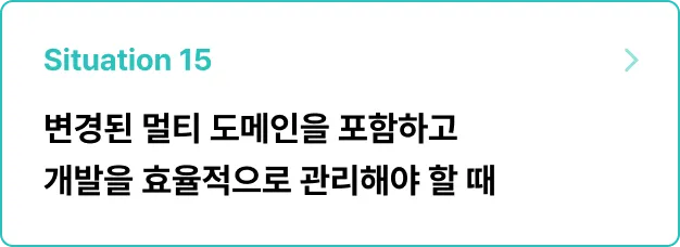 ImageSlide<b>문제 상황</b><br>여러 도메인을 많은 팀이 공통으로 운영하고,  각각의 업무 범위를 설정하여 운영해야 한다.<br>팀 간의 협업을 효율적으로 관리하고 서비스의 안정성과 확장성을 확보하라!