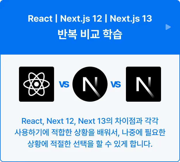 ImageSlide<b>| React</b><br>
<span style="color:#cccccc">
∙ React Router Dom 적용<br>
∙ React 컴포넌트 생성
</span>
<hr style="border: solid 0.5px #222222">
<b>| Next.js 12</b><br>
<span style="color:#cccccc">
∙ Page Router로 라우팅<br>
∙ Next Auth 인증<br>
∙ 컴포넌트 생성
</span>
<hr style="border: solid 0.5px #222222">
<b>| Next.js 13</b><br>
<span style="color:#cccccc">
∙ App Router로 라우팅<br>
∙ RSC(React Server Component) 생성</span>