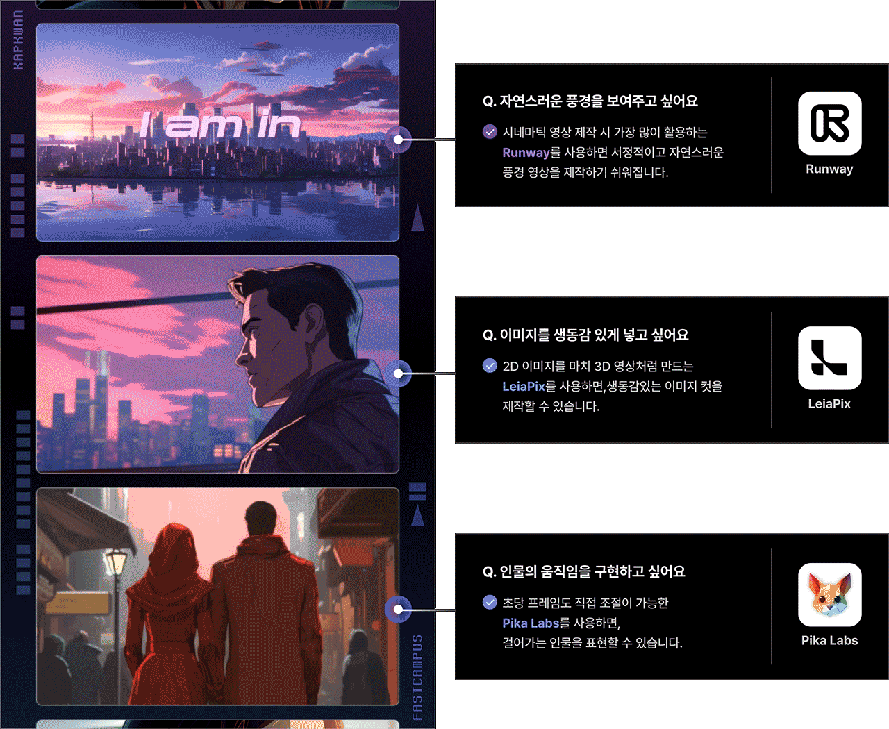 시네마틱 영상, 2D 이미지, 3D 이미지, 인물 움직임, Runway, LeiaPix, PikaLabs, 런웨이, 리아픽스, 피카랩스, 생성 AI 툴, 영상 생성, 영상 만들어주는 ai, ai 영상, ai video, 자연스러운 풍경 영상