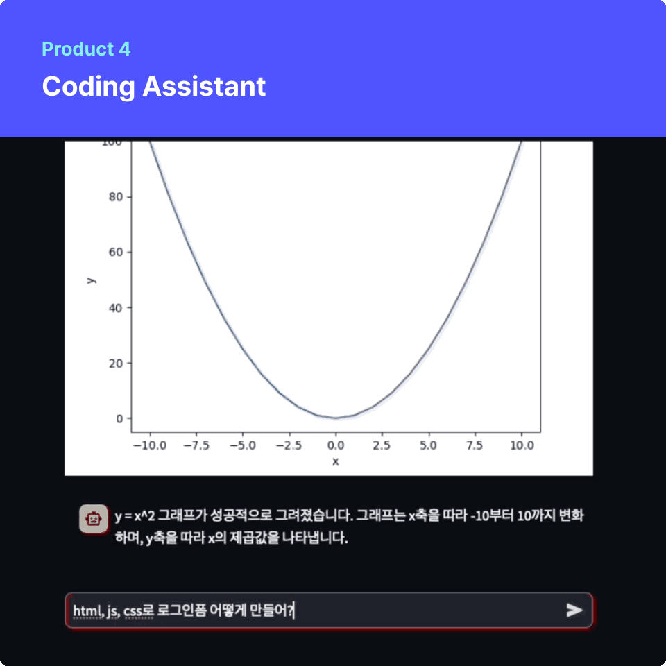 ImageSlide<span style="display:inline-block; padding:6px 12px; background-color:#E5E9FD; border-radius:4px; color:white; font-size:12px; color: #5054FF; margin-bottom: 10px;">
<b>#Langchain</b></span>
<span style="display:inline-block; padding:6px 12px; background-color:#E5E9FD; border-radius:4px; color:white; font-size:12px; color: #5054FF; margin-bottom: 10px;">
<b>#Code Interpreter</b></span>
<br><span style="color: #fff;">
<b>| 실습 내용</b><br>
∙ Code Interpreter에 대해 배우고, <b>LangChain</b>을 활용해 환경을 구축합니다.<br>
∙ Coding Assistant의 문제점을 개선하고, <b>Jupyter Client</b>로 서비스를 구현합니다.<br>
∙ 그래프 작성과 파일 저장 기능을 추가합니다.