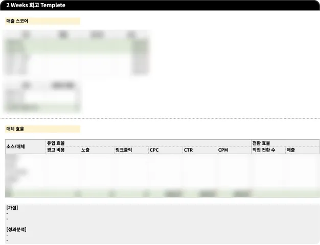 ImageSlide<span style="display:inline-block; padding:3px 8px; background-color: #AB001F; border-radius:4px; color: #fff; font-size: 12px; font-weight: bold;">SPREAD SHEET</span> 
<b>
2 WEEK 마케팅 회고 템플릿
</b>