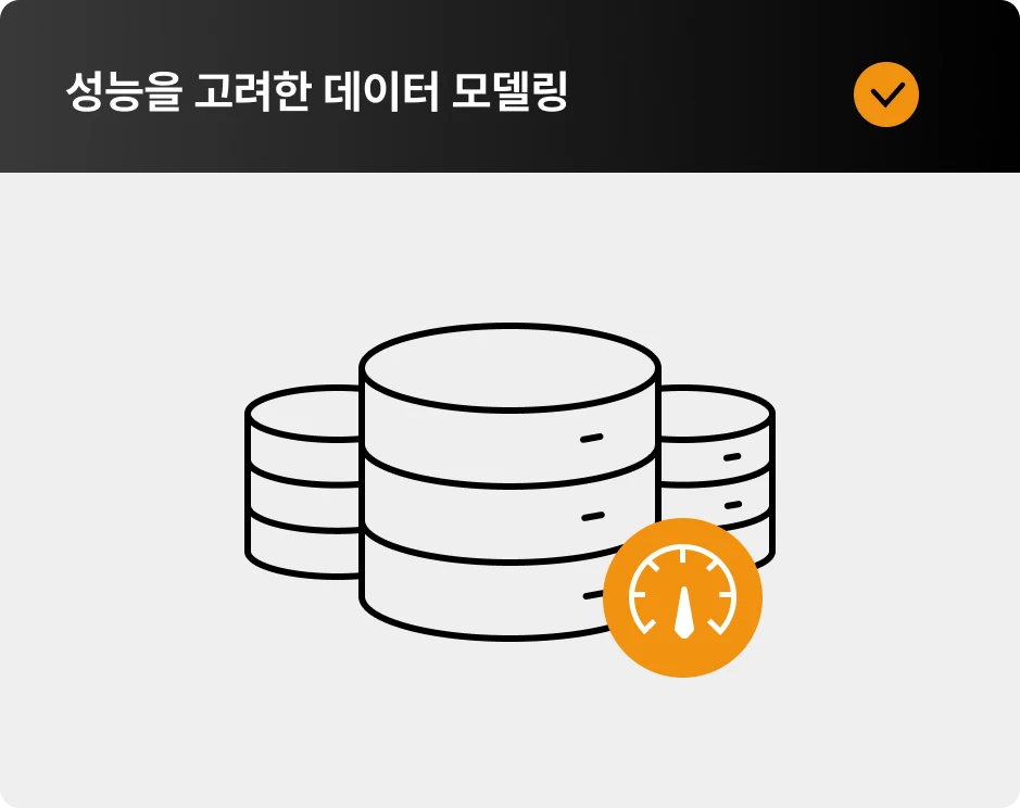 ImageSlide∙ 정규화, 반정규화  <br> ∙ PK, FK 순서 조정 <br> ∙ 테이블 분리 <br> ∙ 테이블 파티셔닝 <br> ∙ 모델 단순화 및 데이터 타입의 일관성 