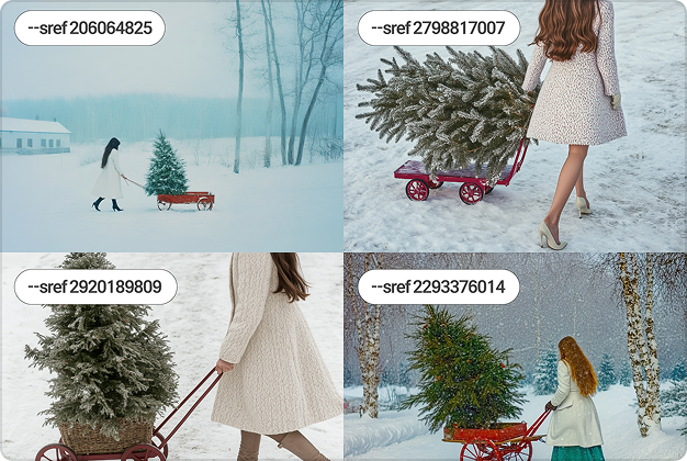 ImageSlide<b>STEP 3. </b><br>미드저니의 스타일 레퍼런스 코드를 활용해 여러가지  톤앤무드 테스트