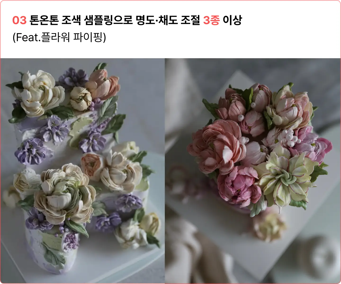 ImageSlide· 플라워케이크에 활용되는 '핑크' 계열 다톤 구성<br> · 명도·채도 조절 감각화 / 다층적 병치 연습<br> · 윌튼 젤컬러의 채도 특성에 따른 조색 실험