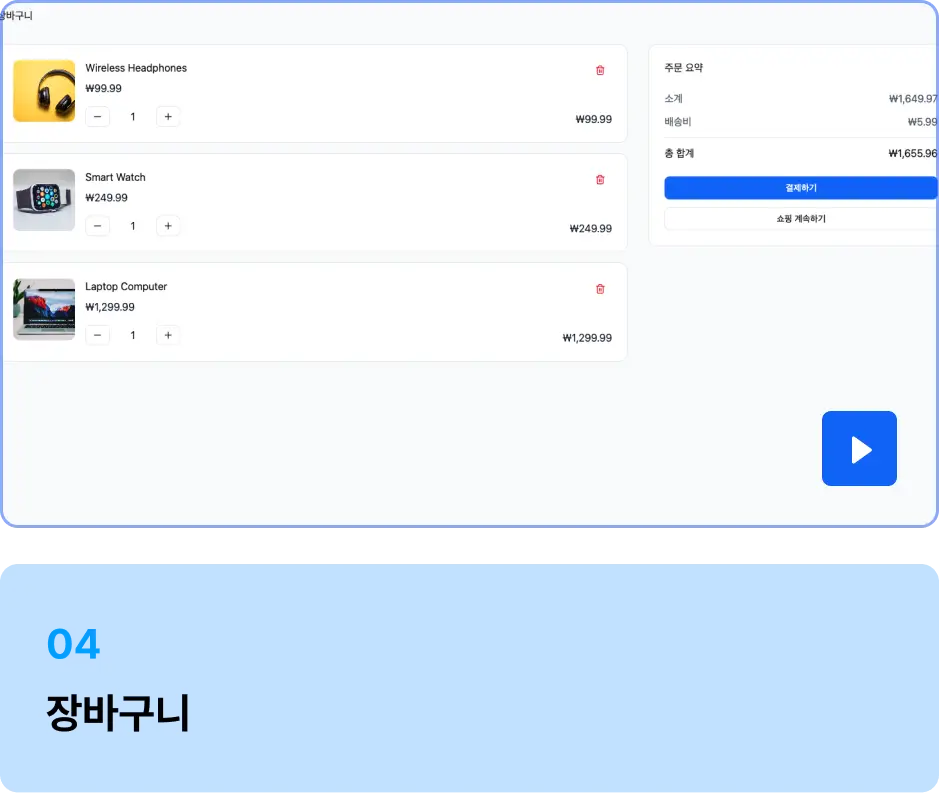 ImageSlide1. 장바구니 상태 저장 구현(Zustand)<br> 2. Store 관리 및 persist 설정<br> 3. 장바구니 수량 변경/삭제 구현(State Sync)