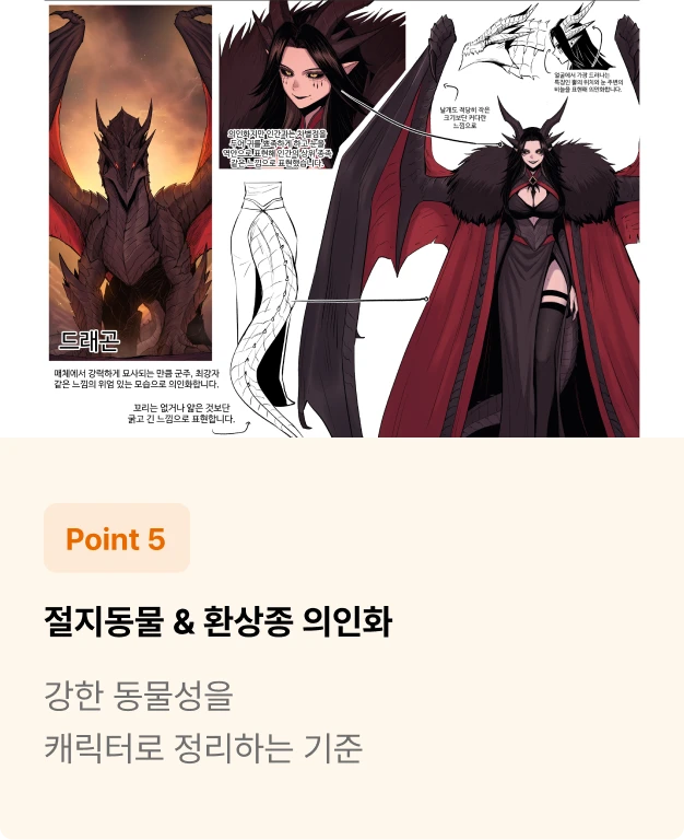 ImageSlide외골격, 다리, 더듬이 같은 요소를 위압감·전사 이미지·모에 요소로 풀어내고 드래곤, 유니콘 같은 환상종을 통해 동물 의인화 설계 기준을 확장합니다.