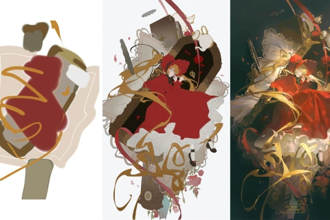 <p>배경과 캐릭터가 어우러지는 수분화 완성 프로세스</p>