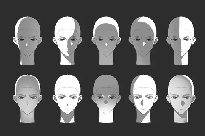 <p><strong>様々な角度の光と影で表現する立体的な男性キャラクターの顔</strong></p>