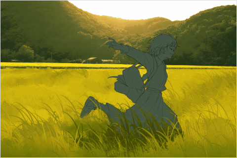 <p><strong>背景に埋もれないように、目立つキャラクターの構図 &amp; 配色演出</strong></p>