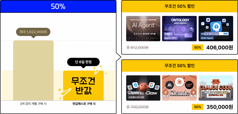 패스트캠퍼스, 반값특가, 50%할인, 패키지할인, 오픈클로, 클로드코드, 클로드, 온톨로지