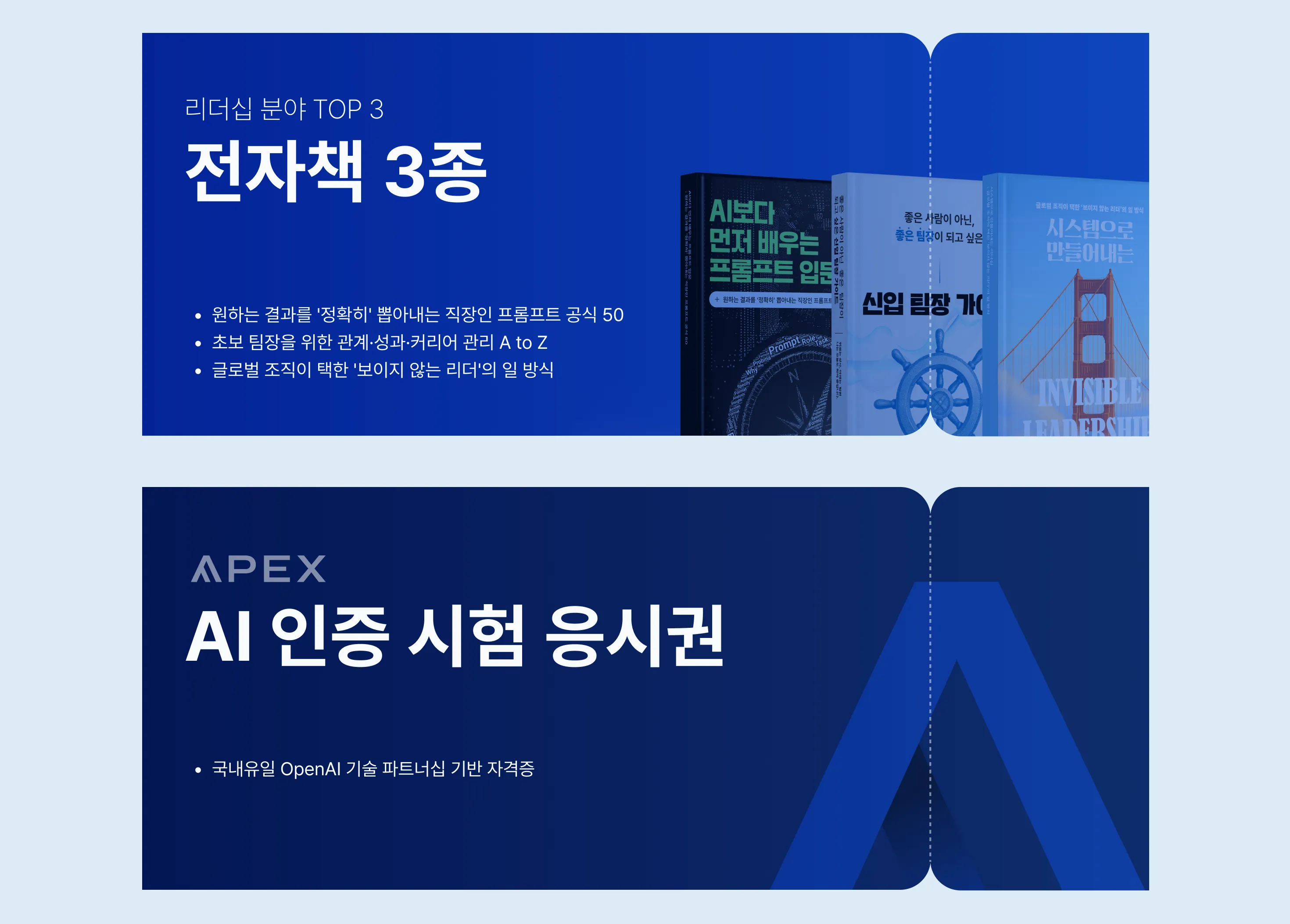 AI보다 먼저 배우는 프롬프트 입문 : 원하는 결과를 '정확히' 뽑아내는 직장인 프롬프트 공식 50 시스템으로 만들어내는 리더십 : 글로벌 조직이 택한 '보이지 않는 리더'의 일 방식 좋은 사람이 아닌, 좋은 팀장이 되고 싶은 신입 팀장 가이드 : 초보 팀장을 위한 관계·성과·커리어 관리 A to Z / APEX AI 인증 시험 응시권 제공