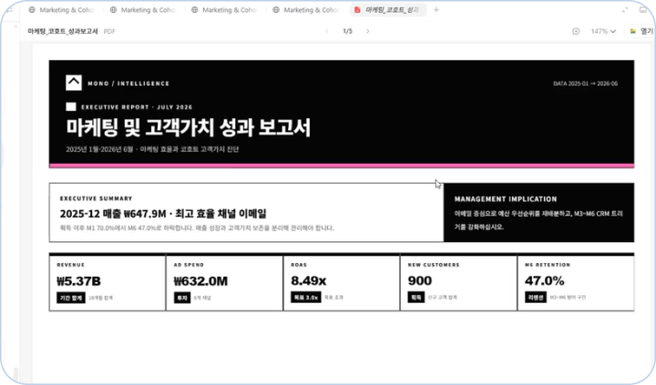 ImageSlide<b> <span style="color:#306EFF;"> Case 7 </span>데이터 기반 성과 보고서 PDF 만들어줘</b>