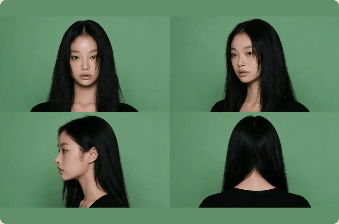 ImageSlide<b><span style="color:#F374B9;"> STEP 2. 멤버 생성 & 얼굴 고정</span></b><br> <span style="color:#2C2C2C;"> Midjourney 옴니로 멤버 얼굴을 만들고 다각도·다표정으로 전개, 최상의 컷을 골라 얼굴을 고정합니다. </span>
