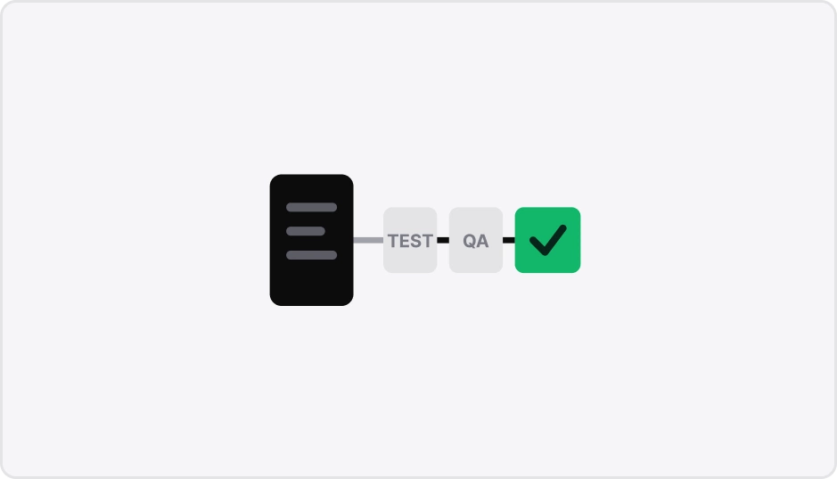 ImageSlide<b> <span style = "font-size:16px; "> AI가 만든 코드를 테스트·QA·CI/CD로 검증 </span></b><br> <span style="color:#DADADA;">  코드가 생겼다는 말로 끝내지 않습니다. 테스트, 타입체크, 로그, 스모크 테스트를 통과한 뒤 배포합니다. </span>
