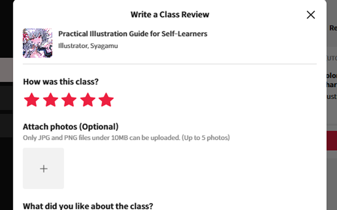 Review form for submitting a class review