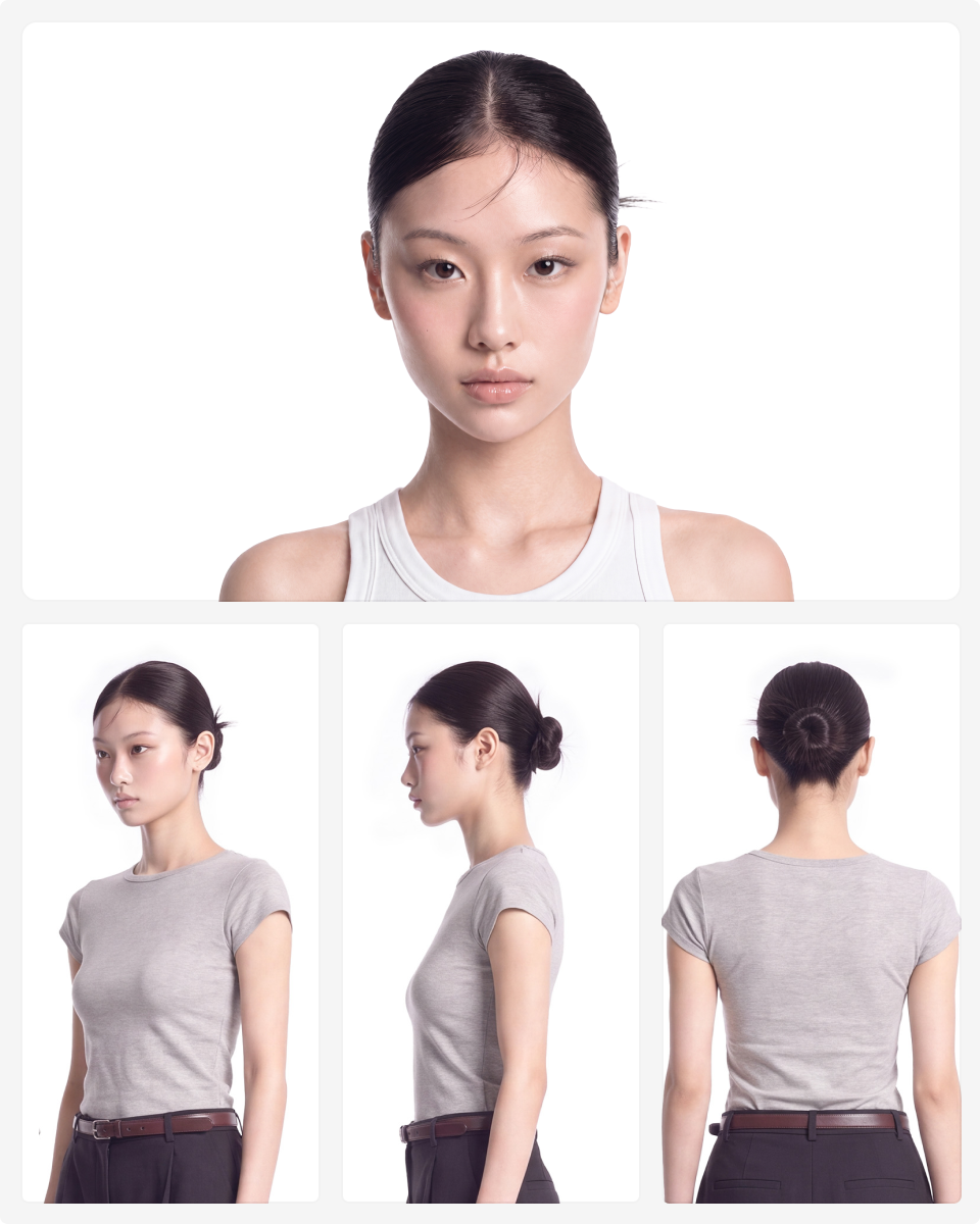 ImageSlide<span class="align-icon"> <svg xmlns="http://www.w3.org/2000/svg" width="16" height="16" viewBox="0 0 16 16" fill="none">   <path d="M7.06665 11.0654L11.7666 6.36536L10.8333 5.43203L7.06665 9.1987L5.16665 7.2987L4.23331 8.23203L7.06665 11.0654ZM7.99998 14.6654C7.07776 14.6654 6.21109 14.4904 5.39998 14.1404C4.58887 13.7904 3.88331 13.3154 3.28331 12.7154C2.68331 12.1154 2.20831 11.4098 1.85831 10.5987C1.50831 9.78759 1.33331 8.92092 1.33331 7.9987C1.33331 7.07648 1.50831 6.20981 1.85831 5.3987C2.20831 4.58759 2.68331 3.88203 3.28331 3.28203C3.88331 2.68203 4.58887 2.20703 5.39998 1.85703C6.21109 1.50703 7.07776 1.33203 7.99998 1.33203C8.9222 1.33203 9.78887 1.50703 10.6 1.85703C11.4111 2.20703 12.1166 2.68203 12.7166 3.28203C13.3166 3.88203 13.7916 4.58759 14.1416 5.3987C14.4916 6.20981 14.6666 7.07648 14.6666 7.9987C14.6666 8.92092 14.4916 9.78759 14.1416 10.5987C13.7916 11.4098 13.3166 12.1154 12.7166 12.7154C12.1166 13.3154 11.4111 13.7904 10.6 14.1404C9.78887 14.4904 8.9222 14.6654 7.99998 14.6654Z" fill="white"/> </svg> 헤어, 페이스 일관성을 유지하면서 다각도로 변형하기