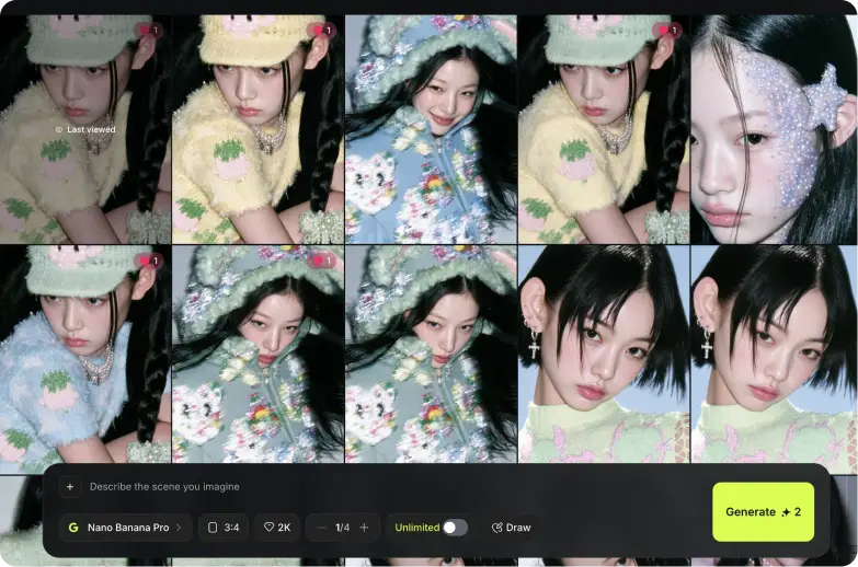 ImageSlide<b><span style="color:#7895FF;"> STEP 1. 옴니·스타일 레퍼런스로 인물 포토 픽스 </span></b><br> <span style="color:#2C2C2C;"> 각도·표정까지 잡아둔 멤버 얼굴을 그대로 가져와, 옴니·스타일 레퍼런스로 컨셉에 맞는 1차 포토를 제작합니다.  </span>