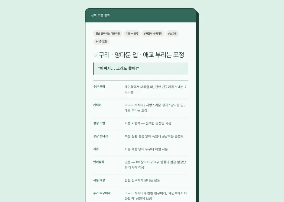 ImageSlide<b> <span style = "font-size:12px; "> <span style="color:#3DBC7A;"> stpe 03 </span></span></b> <br>  조합 결과를 바탕으로 캐릭터성을 구체화시킵니다