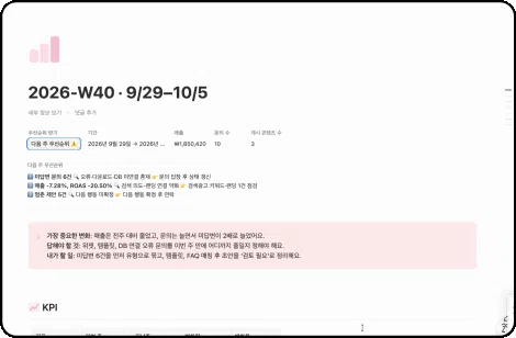 ImageSlide<b>주간 보고서 자동화: <br> 매출·문의·콘텐츠·키워드 모으기</b>