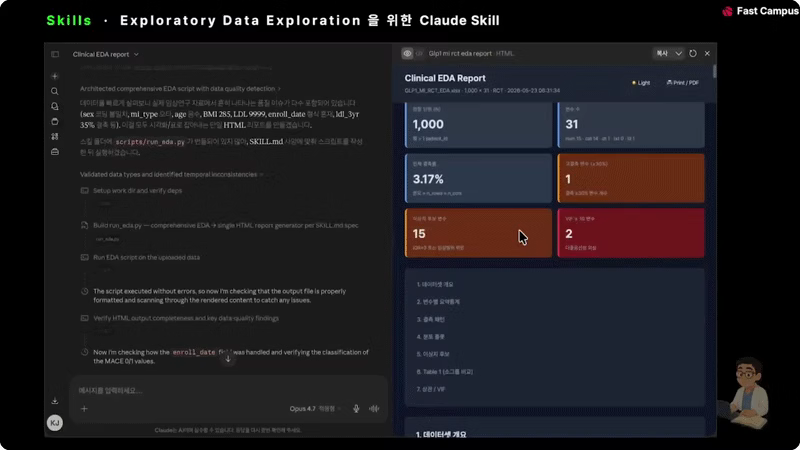 ImageSlide  <span style = "font-size:16px; "> <b> Claude 프롬포트 기반의 EDA 후보 추출  </b></span><br> IRB-ready cohort 리포트 표준을 구성으로한 7단계 프롬포트로 연구 데이터 후보를 분석합니다.