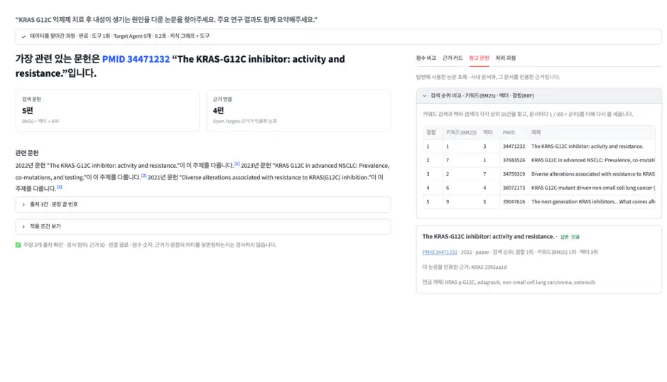 ImageSlide<b> <span style = "font-size:16px; "> 4.논문 기반 Hybrid Search 구현</span> </b> <br>PubMed 논문 검색과 그래프 탐색을 결합해 표적별 연구 근거를 검색합니다.