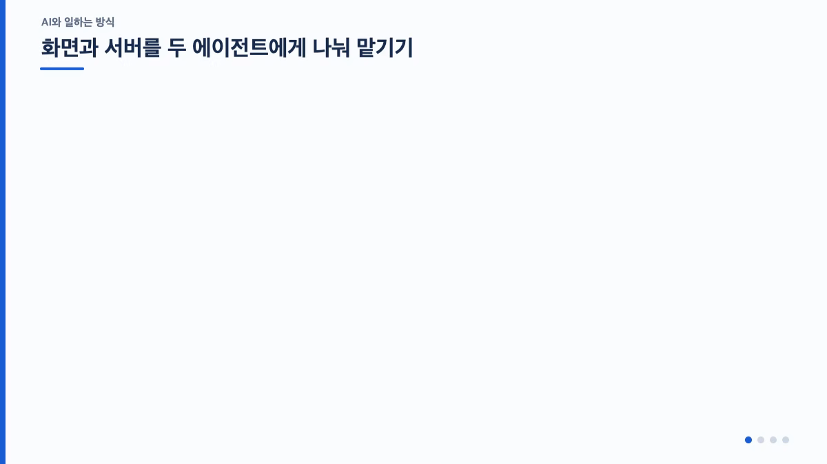 ImageSlide<div style="color:#CCC; font-size:14px; line-height:1.6;"> <div style="color:#FF6A00; font-size:16px; font-weight:bold; margin-bottom:4px;"> 검증 체크리스트 </div> <div style="display:flex; align-items:flex-start; margin-bottom:4px;"> <img src="https://cdn.day1company.io/prod/uploads/202610/143112-1456/background.webp" alt="" style="width:14px; height:14px; margin-right:4px; margin-top:4px;"> 페이지마다 렌더링 방식을 근거를 가지고 골랐는가 </div> <div style="display:flex; align-items:flex-start; margin-bottom:4px;"> <img src="https://cdn.day1company.io/prod/uploads/202610/143112-1456/background.webp" alt="" style="width:14px; height:14px; margin-right:4px; margin-top:4px;"> 로그인 토큰을 스크립트가 읽을 수 없는 곳에 저장했는가 </div> <div style="display:flex; align-items:flex-start; margin-bottom:4px;"> <img src="https://cdn.day1company.io/prod/uploads/202610/143112-1456/background.webp" alt="" style="width:14px; height:14px; margin-right:4px; margin-top:4px;"> 핵심 사용자 흐름을 E2E 테스트로 확인했는가 </div> <div style="display:flex; align-items:flex-start;"> <img src="https://cdn.day1company.io/prod/uploads/202610/143112-1456/background.webp" alt="" style="width:14px; height:14px; margin-right:4px; margin-top:4px;"> 접근성·성능·보안 체크리스트를 통과했는가 </div> </div>